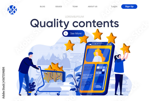 Quality contents flat landing page. Creative team posting and reviewing quality digital content vector illustration. Social media marketing and publication web page composition with people characters