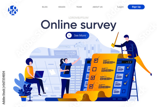Online survey flat landing page. Respondent completing checklist web page composition with people characters. Online survey service to capture voices and opinions of people vector illustration.