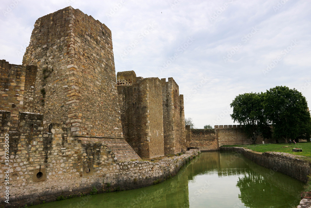 Inner city walls and water trench of old medieval Smederevo fortress in Serbia