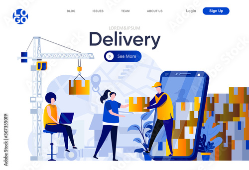 Delivery flat landing page. Customers using delivery mobile application and courier with parcel vector illustration. Logistics and express delivery service web page composition with people characters