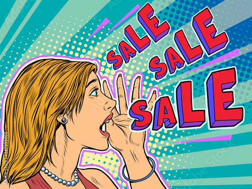 Sale pop art woman announcement