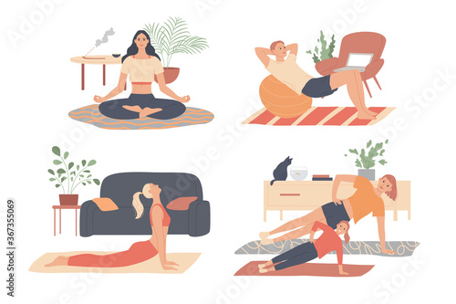 Home workout. People doing exercises. Man, woman, family doing sports at home