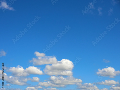 Blue brigt beautiful and clean sky in sunny day with group of soft white clouds with copy space on top. © panthawat