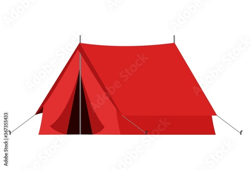 Red camping tourist tent in outdoor travel in flat style on white background. Vector illustration for nature tourism, journey, adventure.