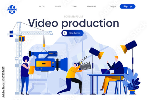 Video production flat landing page. Operator with video camera and assistant in studio vector illustration. Video production work team making video content web page composition with people characters
