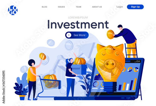 Investment flat landing page. People putting gold coins into piggy bank vector illustration. Financial investment, pension savings fund, retirement capital web page composition with people characters