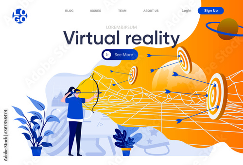 Virtual reality flat landing page. Woman archer with virtual reality headset and bow playing game in cyberspace vector illustration. Digital entertainment web page composition with people characters