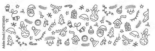 Christmas flyer with Santa Claus, christmas tree, reindeer, snowman, gift, snowflake and other. Vector hand drawn illustration in doodle and cartoon style. photo