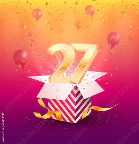 27 th years anniversary vector design element. Isolated twenty seven years jubilee with gift box, balloons and confetti on a bright background. 