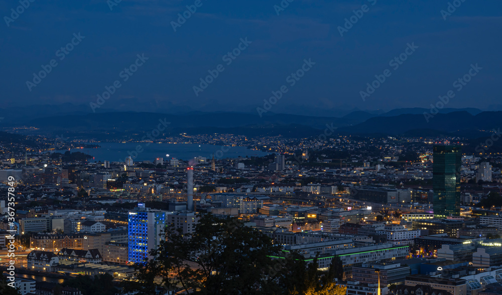 Blue hour in Zurich, the largest city of Switzerland and a global center of banking and finance