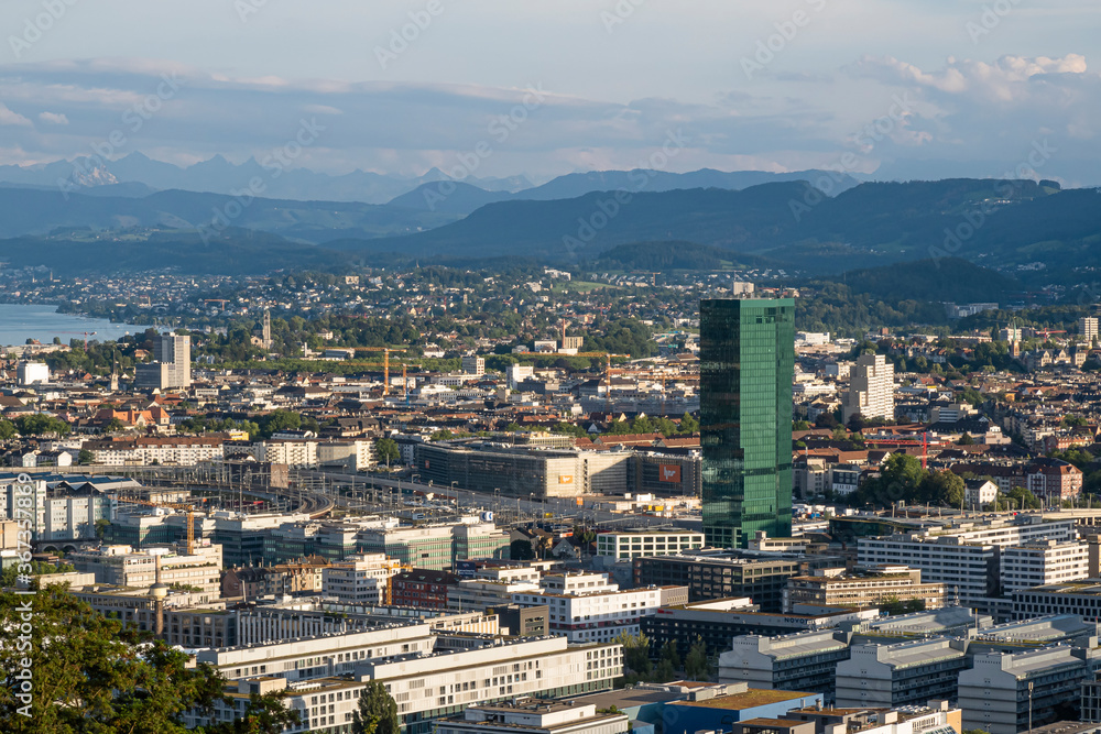 Zurich - the largest city of Switzerland and  a global center of banking and finance. Green Prime tower building.