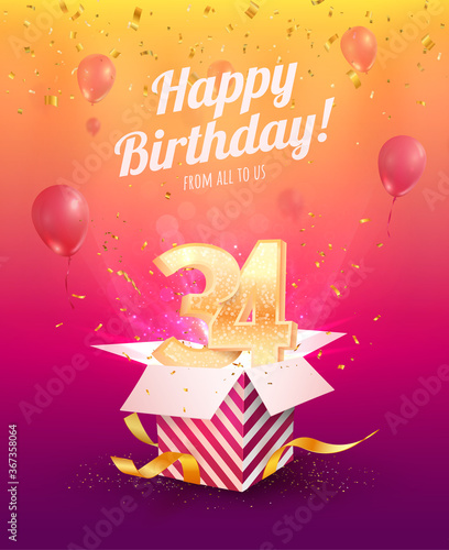 Celebrating 34 th years birthday vector illustration. Thirty four anniversary celebration invitation card. Adult birth day. Open gift box with numbers three and four flying photo