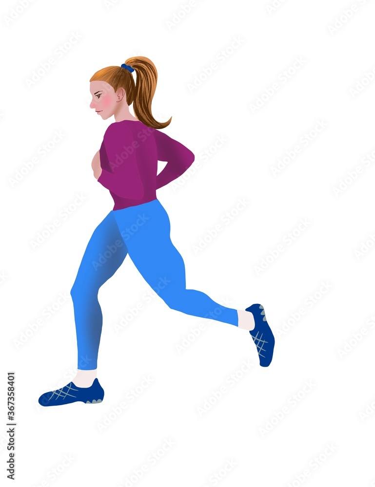 A pretty girl is running quickly. She is wearing blue leggins.