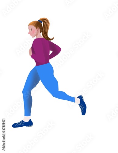 A pretty girl is running quickly. She is wearing blue leggins.