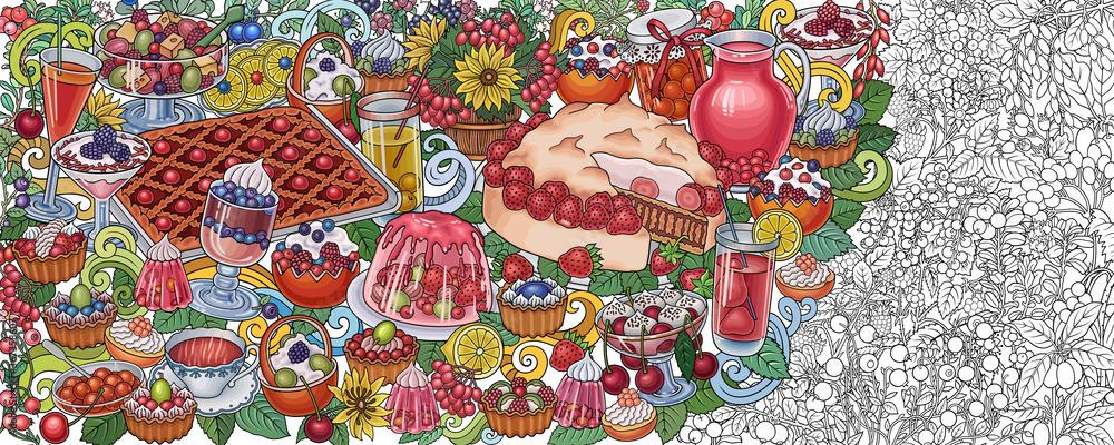 Fototapeta premium Sweets, berries, fruits, drinks illustration