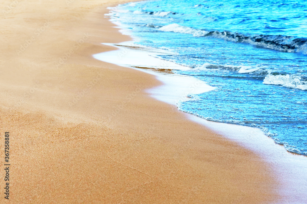Waves crash on sandy beach, holiday concept, paradise