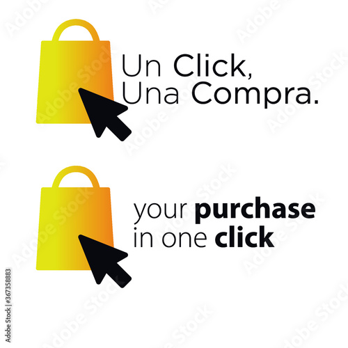 Online shopping icon design in 2 different languages ​​accompanied by a slogan