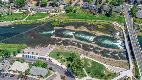Aerial view of Bend Whitewater Park in the Summer located in Bend, Oregon. © Cascade Photo