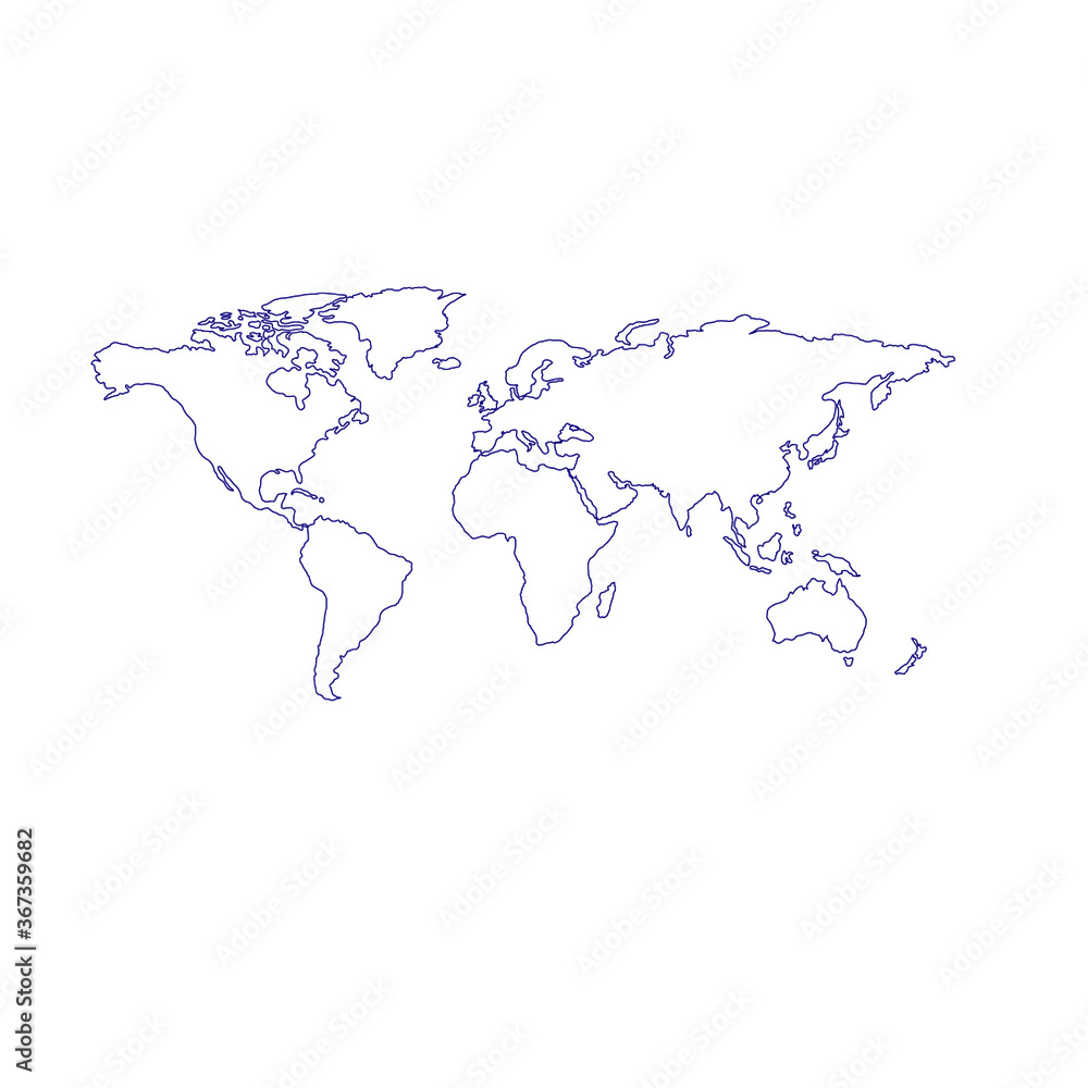 Vector image of a world map. Dark blue outline along the borders of the continents.
