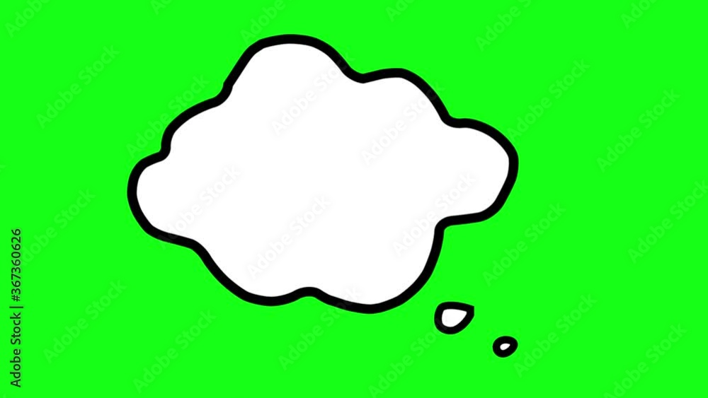 Clouds of thoughts on a green background. In the process of thinking an idea appears. An idea appears in thoughts. Freehand drawing, sketch, art, cartoon style animation.