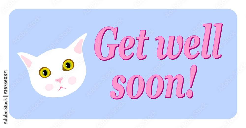 Get well soon greeting card. Kitten face. Violet background Get well soon greeting card. Kitten face. Violet background