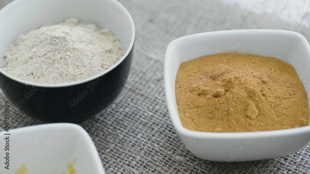 Top voew of Aromatic spices in white plates Top voew of Aromatic spices in white plates