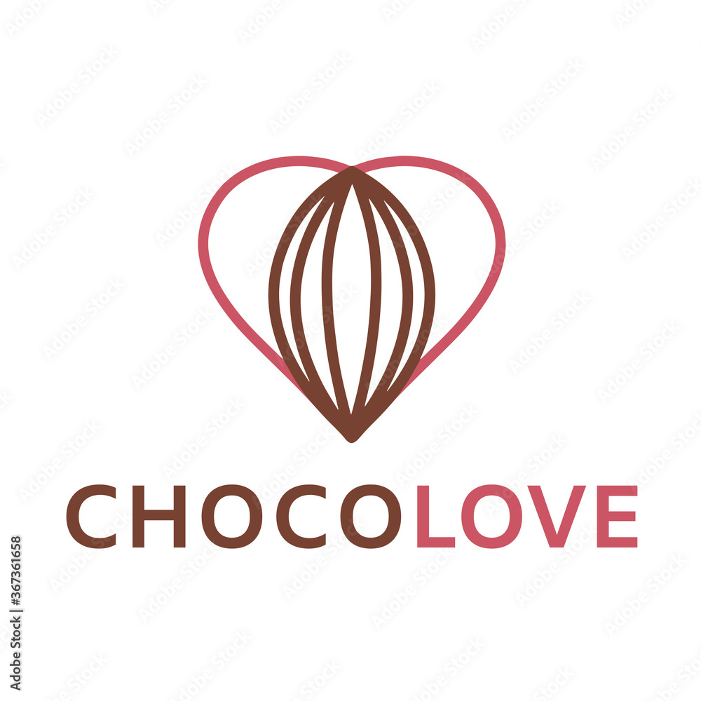 Chocolate and heart love logo. RAW, vegan, natural homemade food and sweets desserts icon. Сhocolate beans symbol. Chocolate and heart love logo. RAW, vegan, natural homemade food and sweets desserts icon. Сhocolate beans symbol.