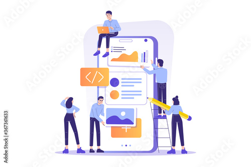 App Design and Development concept. Developers team creating or programming an application for smartphone. Isolated modern vector illustration for web banner, poster, ui