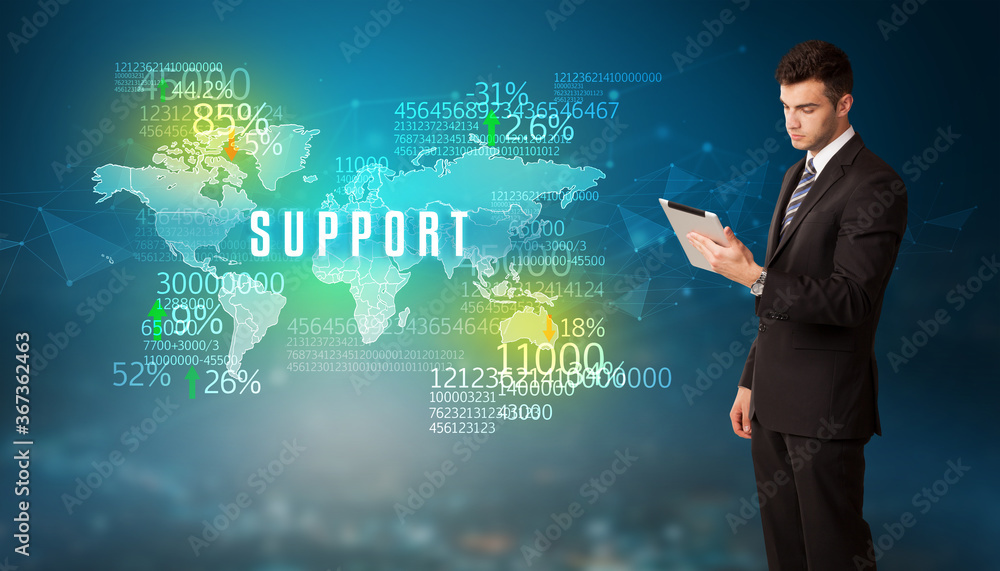 Businessman in front of a decision with SUPPORT inscription, business concept Businessman in front of a decision with SUPPORT inscription, business concept