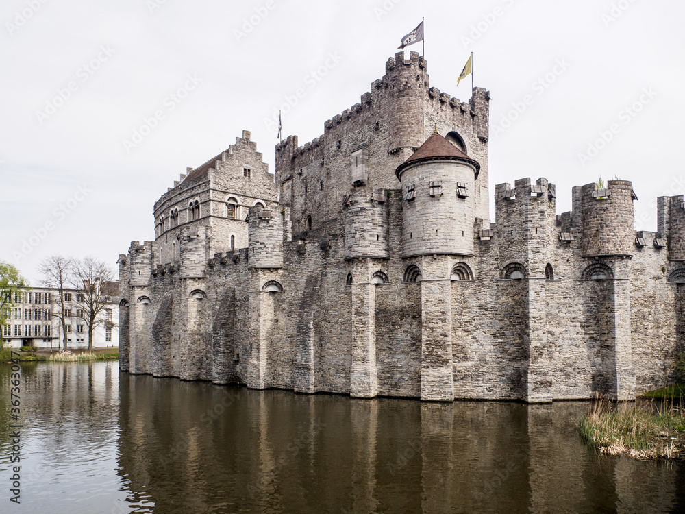gravensteen castle in ghent with water moat