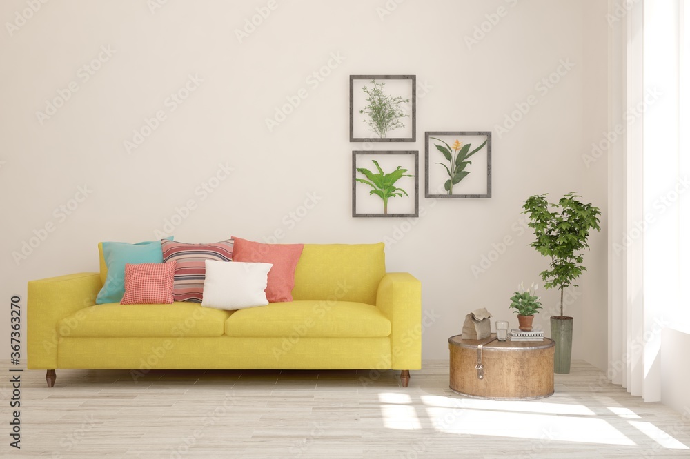 Fototapeta premium White living room with sofa. Scandinavian interior design. 3D illustration