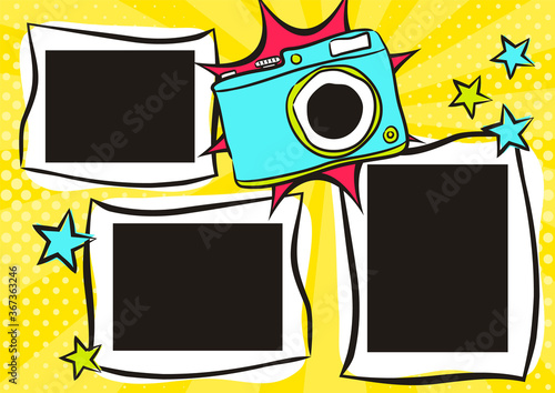 Children's photo book in pop art style. Bright page for a photo album. Template for the design of frames for photographs, posters, cards, stickers. Vector illustration.