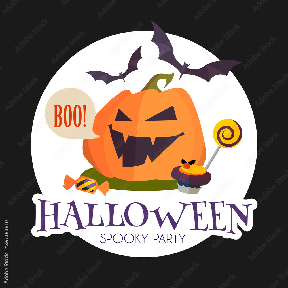 Happy Halloween Sale Design Template with Smilling Pumplin, Candy and Bats,
