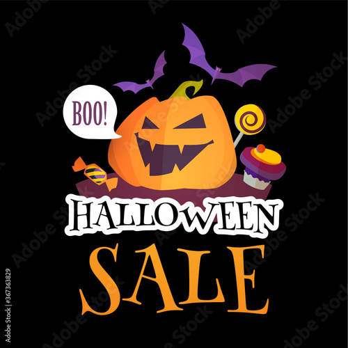 Happy Halloween Sale Design Template with Smilling Pumplin  Candy and Bats 