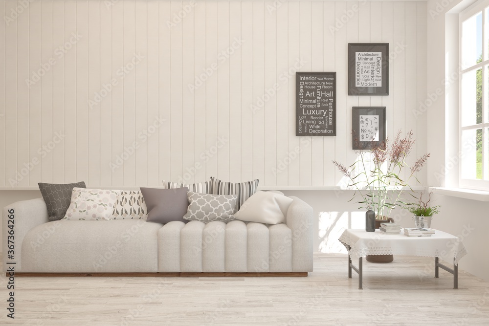 Obraz premium White living room with sofa. Scandinavian interior design. 3D illustration