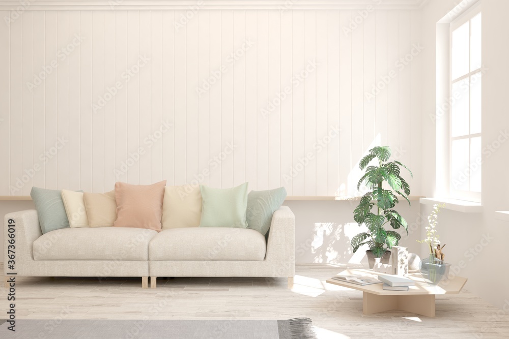 White living room with sofa. Scandinavian interior design. 3D illustration White living room with sofa. Scandinavian interior design. 3D illustration