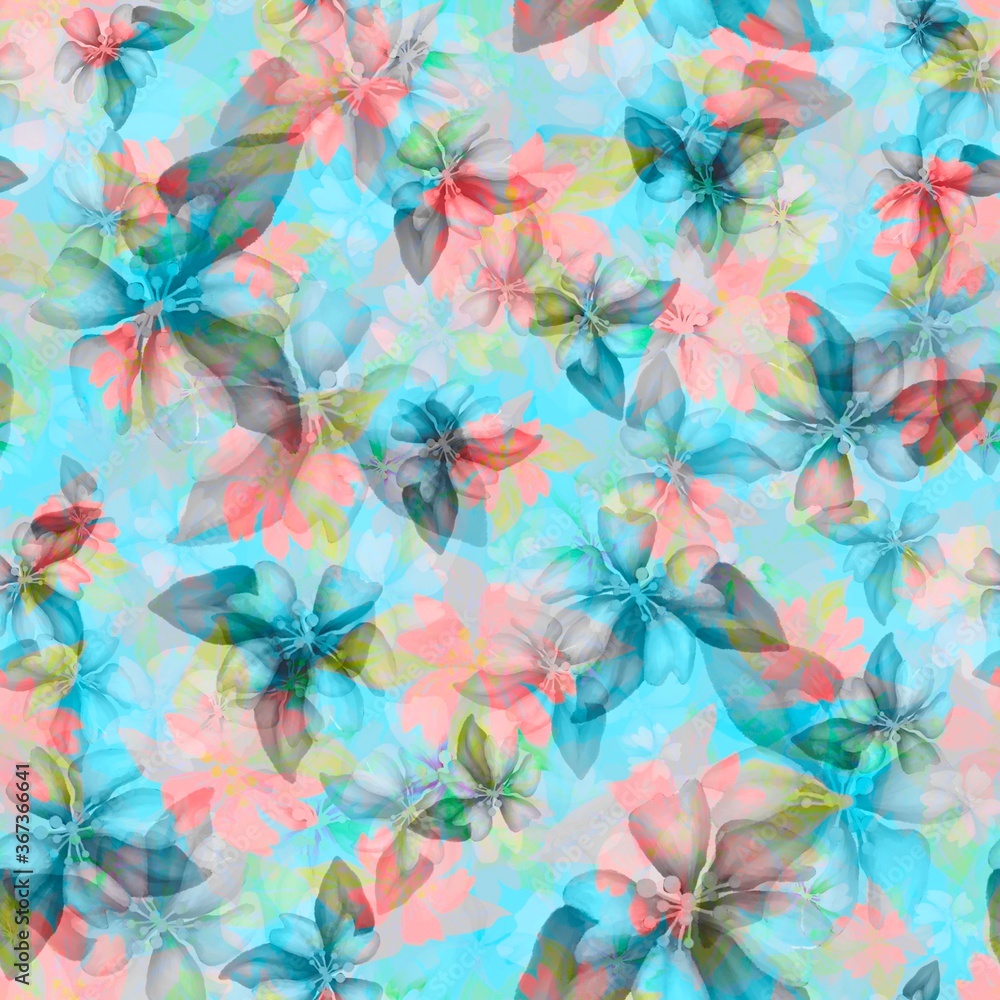 Light seamless floral pattern with graphic blossom. Beautiful pattern wiyh watercolor and sketching flowers.