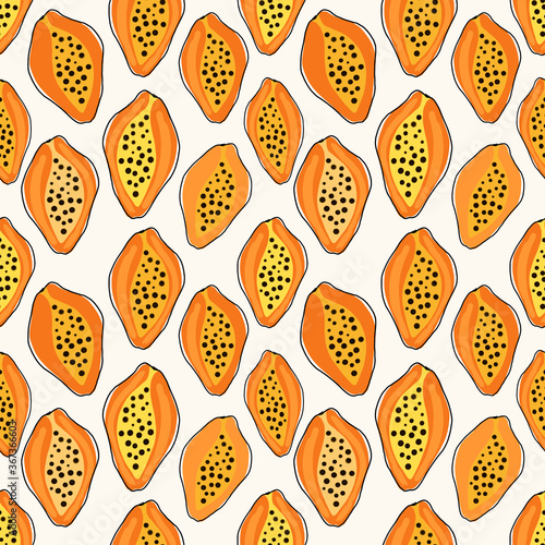 Tropical seamless pattern with papaya fruits. Background with orange pawpaw. Exotic fruit backdrop for textile, digital paper, fabric, prints, decoration