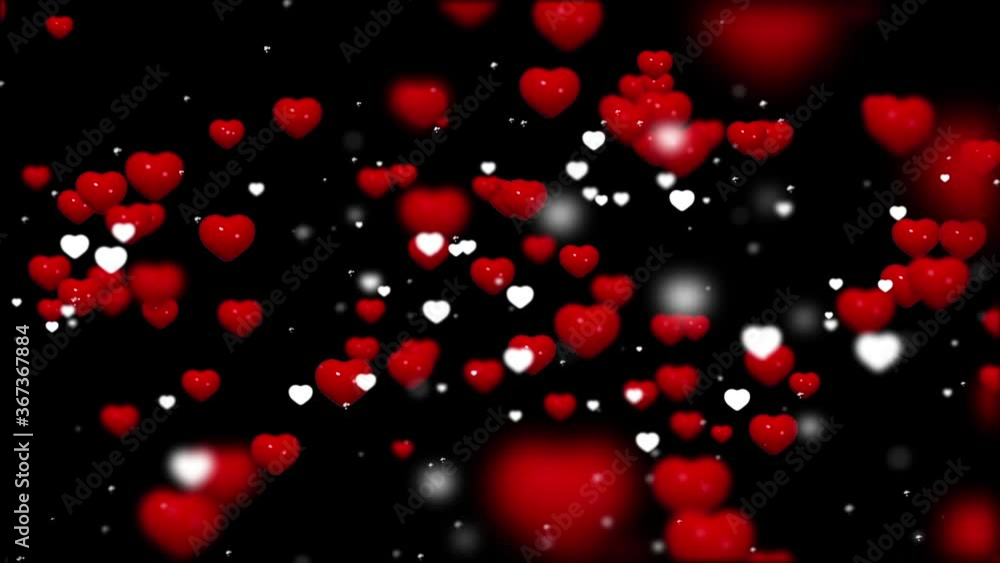 Red and white hearts with snowfall effect fade in and out on a black background.Valentine's day or Christmas background with 3D hearts with blurred bokeh seamless animation loop.Motion design Red and white hearts with snowfall effect fade in and out on a black background.Valentine's day or Christmas background with 3D hearts with blurred bokeh seamless animation loop.Motion design