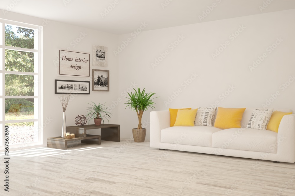 Obraz premium White living room with sofa. Scandinavian interior design. 3D illustration