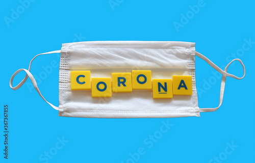 Corona letters on white medical mask