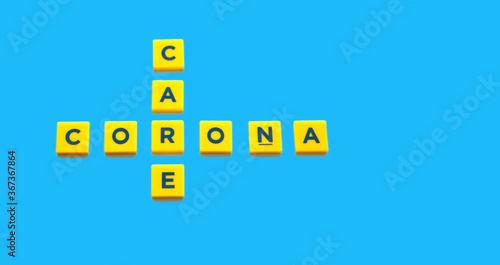 Care corona letters on blue background