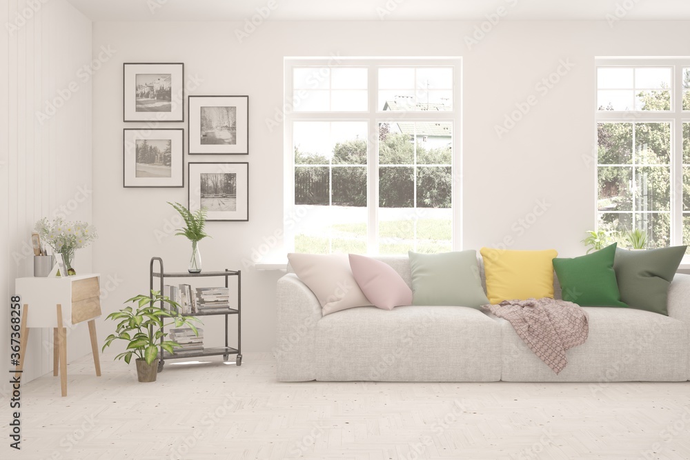 White living room with sofa and summer landscape in window. Scandinavian interior design. 3D illustration White living room with sofa and summer landscape in window. Scandinavian interior design. 3D illustration