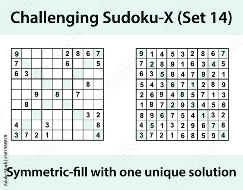 Vector Sudoku X (Sudoku X-Wing) puzzle with solution - challenging level