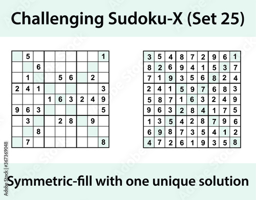 Vector Sudoku X (Sudoku X-Wing) puzzle with solution - challenging level