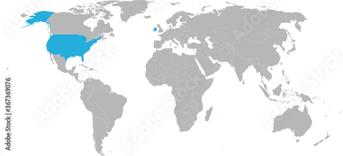 Ireland, USA countries isolated on world map. Light gray background. Economic and trade relations.