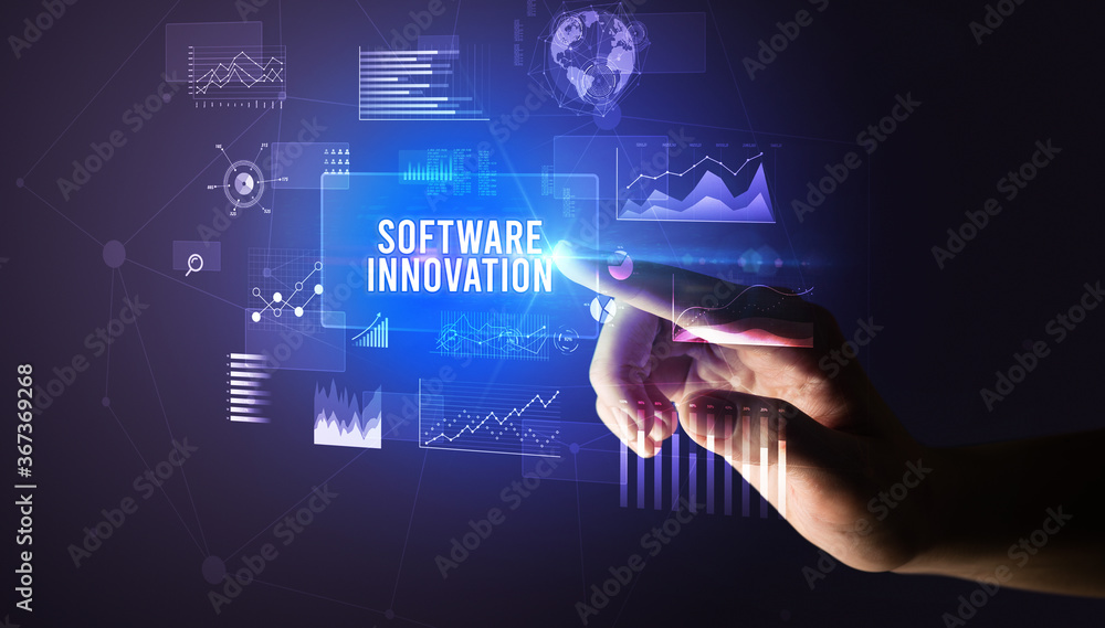 Hand touching SOFTWARE INNOVATION inscription, new business technology concept Hand touching SOFTWARE INNOVATION inscription, new business technology concept