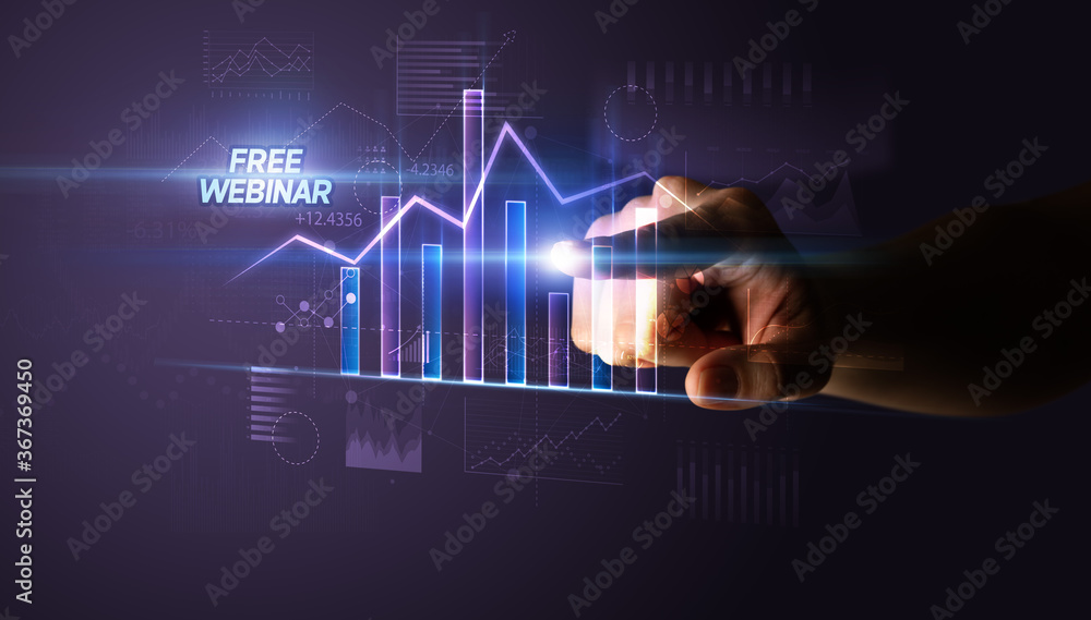 Hand touching FREE WEBINAR button, business concept Hand touching FREE WEBINAR button, business concept