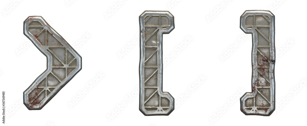 Set of symbols right angle bracket, left and right square bracket made of industrial metal on white background 3d