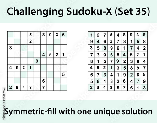 Vector Sudoku X (Sudoku X-Wing) puzzle with solution - challenging level